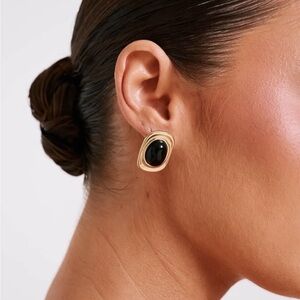 Meshki 18K  Gold Plated Black Cabochon Stone Stud Earrings. New. With Box.